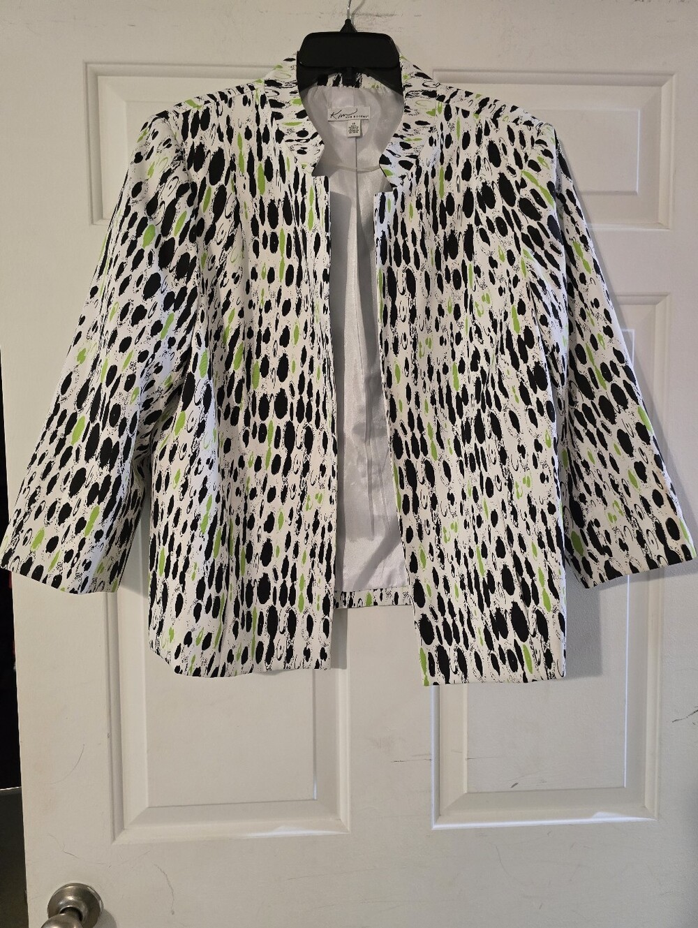 Kim Rogers White Black and Lime Printed Open-Front Jacket